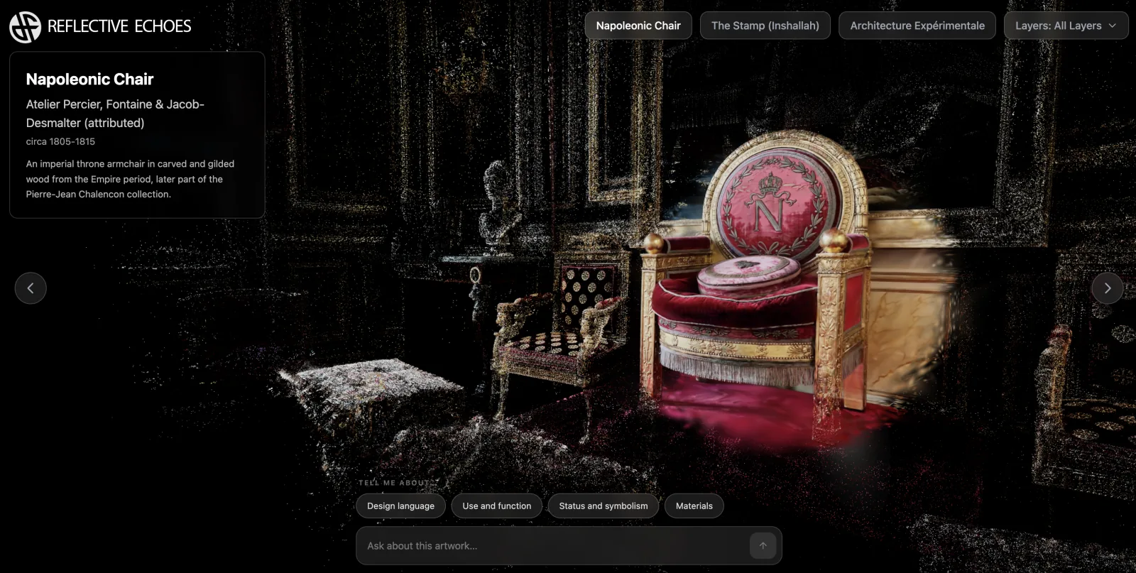 Démonstration Reflective Echoes : une chaise napoléonienne capturée en 3D Gaussian Splatting, explorable dans le navigateur et accompagnée d’un agent conversationnel.